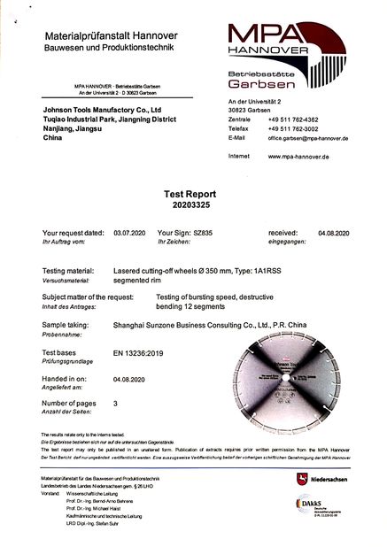 ΚΙΝΑ Johnson Tools Manufactory Co.,Ltd Πιστοποιήσεις